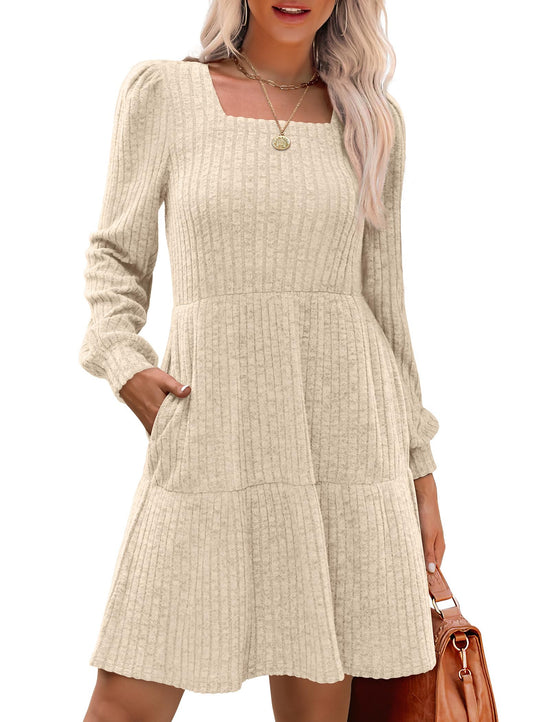 Sampeel women's long sleeve square neck babydoll dress