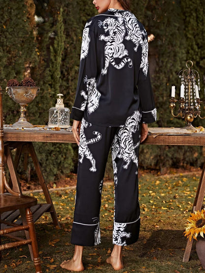 Brosloth women's silk satin pajamas with lace pattern in black