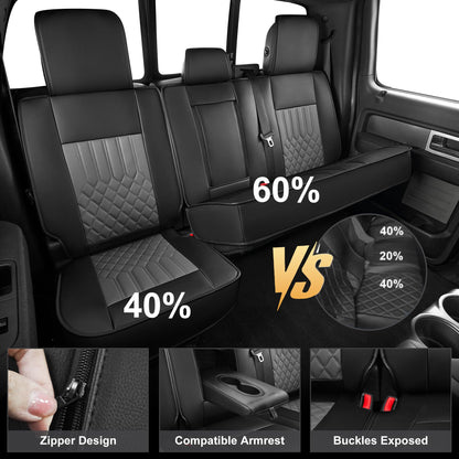 AOMSAZTO vehicle seat covers - Faux leather waterproof full set for Ford F150 F250 F350 F450 2009-2026 in black and grey
