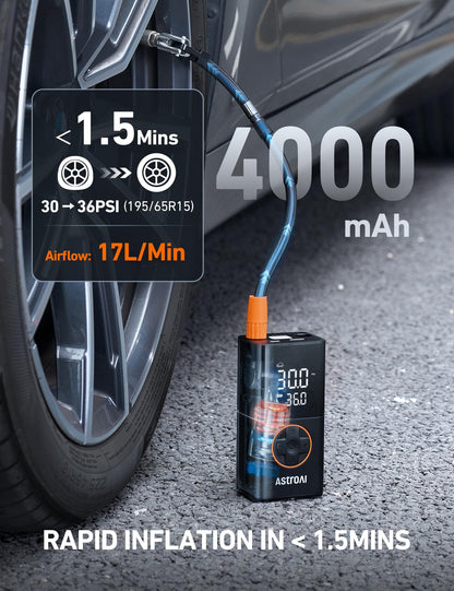 AstroAI L7 tire inflator — Cordless mini air compressor with digital display gauge and LED light