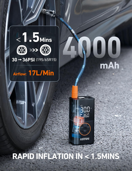 AstroAI L7 tire inflator — Cordless mini air compressor with digital display gauge and LED light