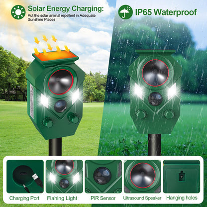Solar Animal Repellent,Ultrasonic Cat Repellent Outdoor with Motion Sensor,Waterproof Rabbit Repeller with Flashing Light Defender Dog, Mouse,Squirrel,Raccoon,Skunk,Deer for Yard Farm Garden-1 Pack