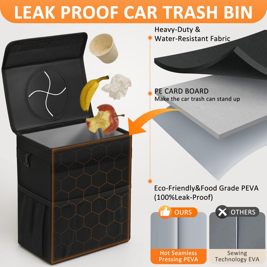Vankor car trash can - hanging lid design for back seat use