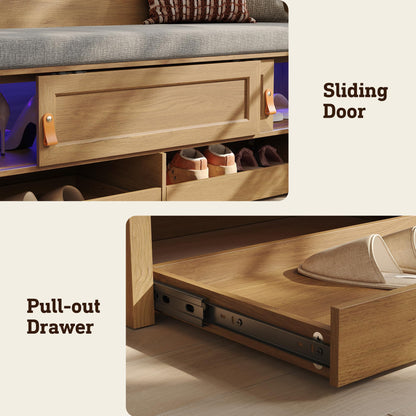 STO'SENSE Premium Entryway Bench with Storage & Invisible UV Shoe Care Modern Oak Mudroom Bench with Hidden Sliding Doors & Pop-Out Drawers Upholstered Seating, 47" (Oak)