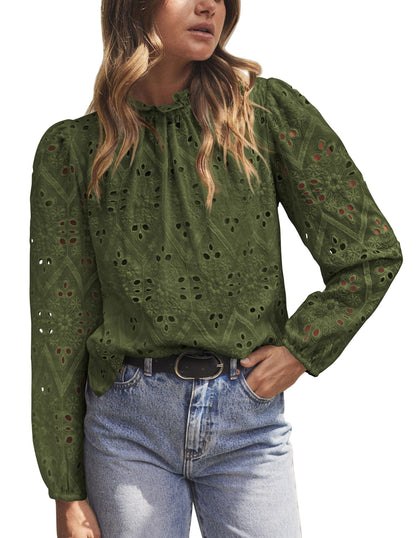 PRETTYGARDEN Tops for Women 2026 Spring Long Sleeve Blouses Dressy Casual Embroidered Eyelet Shirts Fall Going Out Outfits