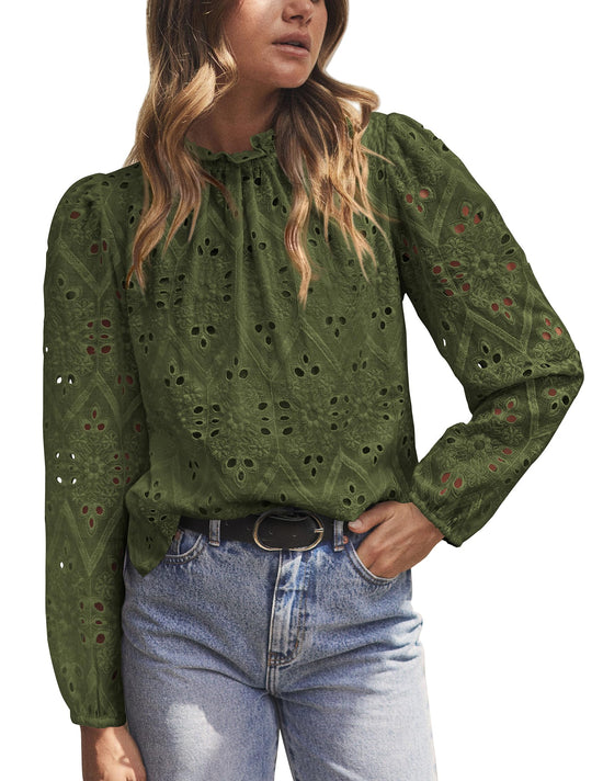PRETTYGARDEN Tops for Women 2026 Spring Long Sleeve Blouses Dressy Casual Embroidered Eyelet Shirts Fall Going Out Outfits