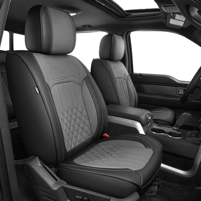 AOMSAZTO vehicle seat covers - Faux leather waterproof full set for Ford F150 F250 F350 F450 2009-2026 in black and grey