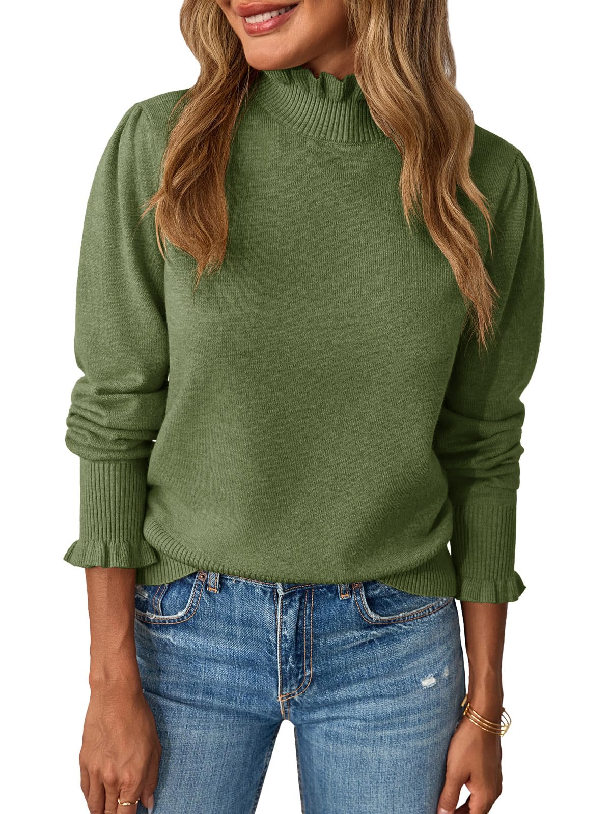 Saodimallsu sweater — ruffle mock neck with puff long sleeves in soft knit