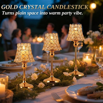 Gold Crystal Metal Candle Holders Set of 3 Tealight for Table Centerpieces