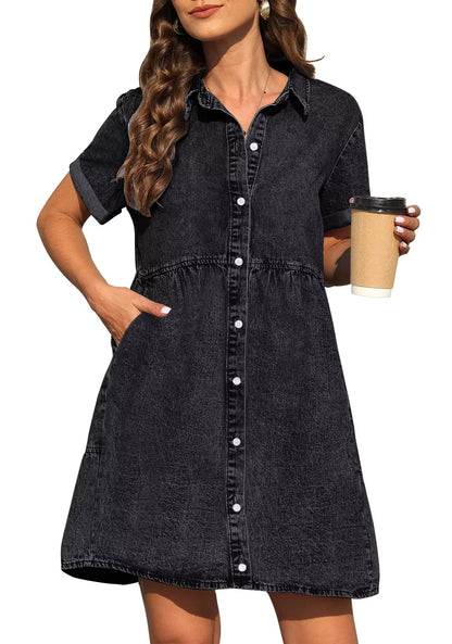 KDF denim dress with pockets - short sleeve babydoll style