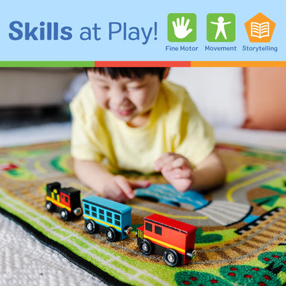 Melissa & Doug wooden train set — 8-piece magnetic train cars with storage tray