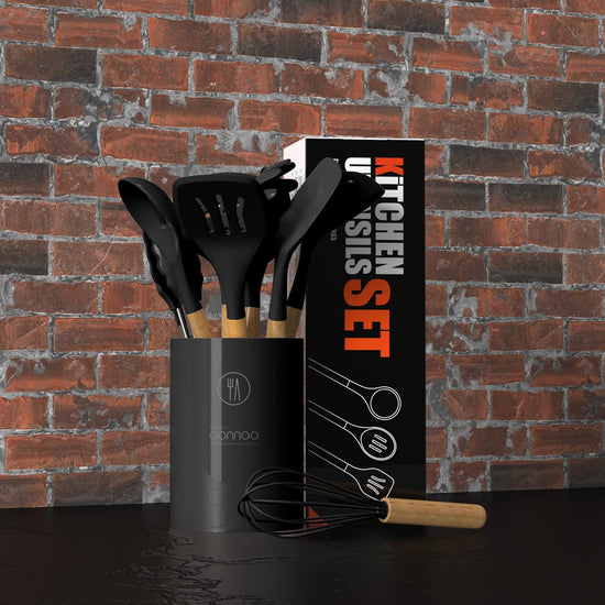 Food spatula set — heat resistant silicone with wooden handles and holder, BPA free
