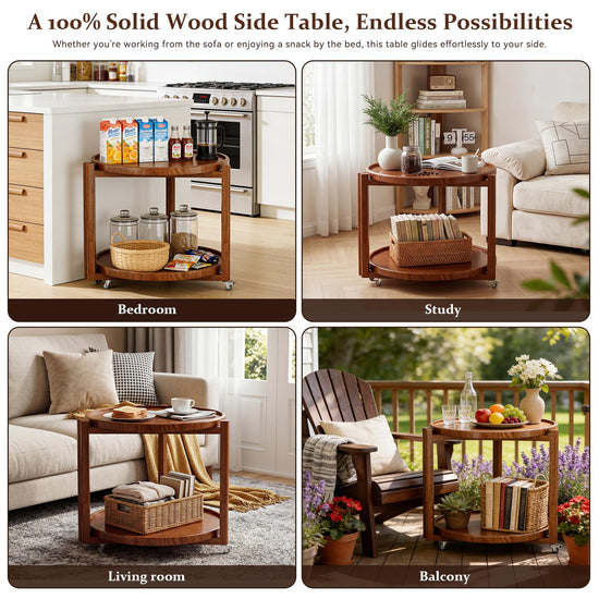 Taitiy rolling side table — solid wood with storage shelf and wheels in walnut 21.5