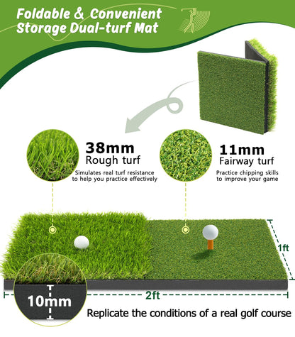 MUVPOH Golf net — 10x7ft golf practice net with dual-turf hitting mat and targets