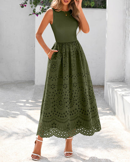 Dowerme dress — Casual sleeveless A-line maxi with pockets and lace eyelet detail.
