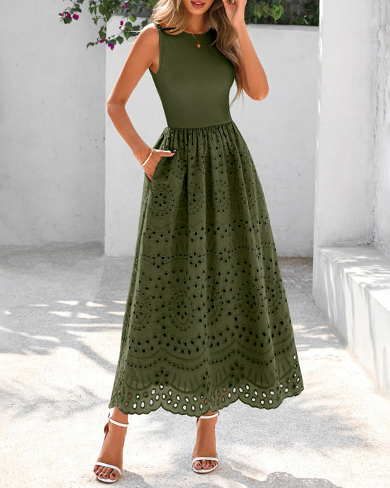 Dowerme dress — Casual sleeveless A-line maxi with pockets and lace eyelet detail.