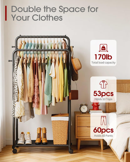 Sakugi clothes rack — Double rods with mesh shelf and wheels for laundry use