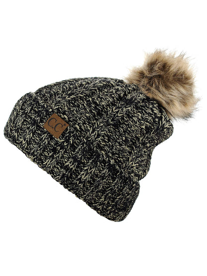 C.C cuff beanie with faux fur pom and fleece lining.
