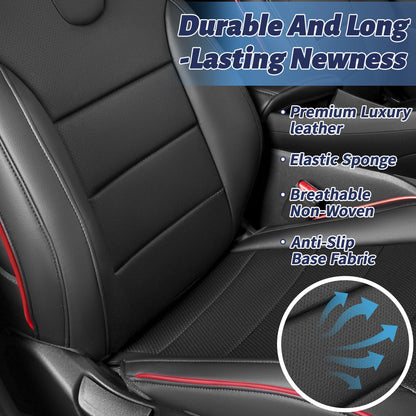 HKZ Elantra seat covers — custom fit leather full set in black and red for Hyundai Elantra 2021-2026 SE/SEL/SEL Sport & Hybrid with rear bench and fixed headrests.