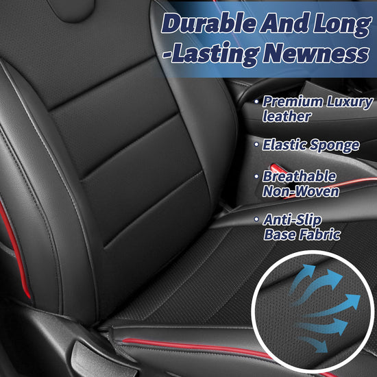 HKZ Elantra seat covers — custom fit leather full set in black and red for Hyundai Elantra 2021-2026 SE/SEL/SEL Sport & Hybrid with rear bench and fixed headrests.