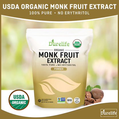 Durelife organic monk fruit sweetener - no erythritol, zero calorie substitute 5 oz