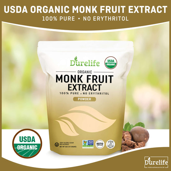 Durelife organic monk fruit sweetener - no erythritol, zero calorie substitute 5 oz