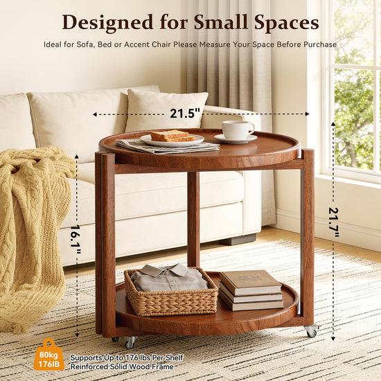 Taitiy rolling side table — solid wood with storage shelf and wheels in walnut 21.5