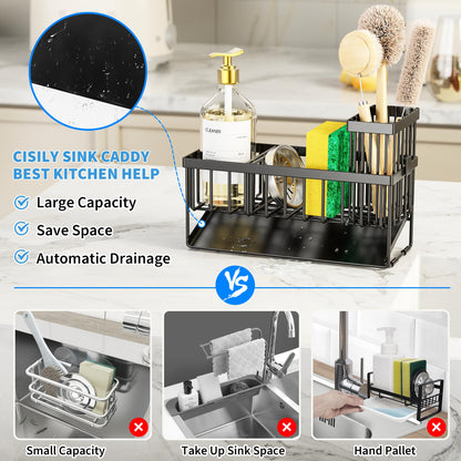 Cisily kitchen sink caddy with high brush holder and sponge holder for sink