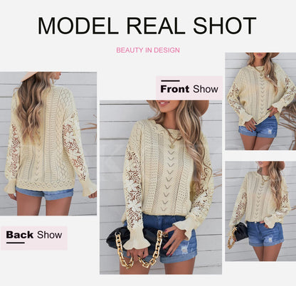 Dokotoo women's crochet lace long sleeve cable knit sweater