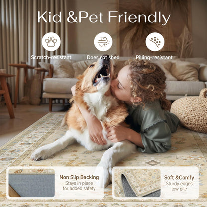 HUGEAR rug — washable vintage distressed design for living spaces and playrooms