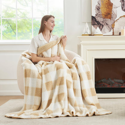 Cozy Bliss reversible double sided sherpa blanket - buffalo plaid design