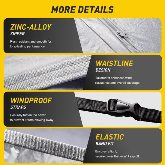 Caromop 10-Layer Waterproof Car Cover All Weather Protection (Snow, Rain, Sun) with Secure Fit Straps and Easy On/Off Zipper-Size A4 (See Size-Chart)