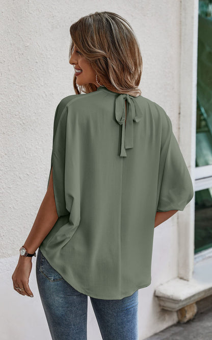 Angashion shirt — Short sleeve self tie loose fit tunic blouse