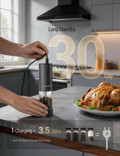 Seasoning mill — Rechargeable electric grinder with adjustable coarseness and LED
