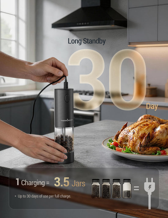 Seasoning mill — Rechargeable electric grinder with adjustable coarseness and LED