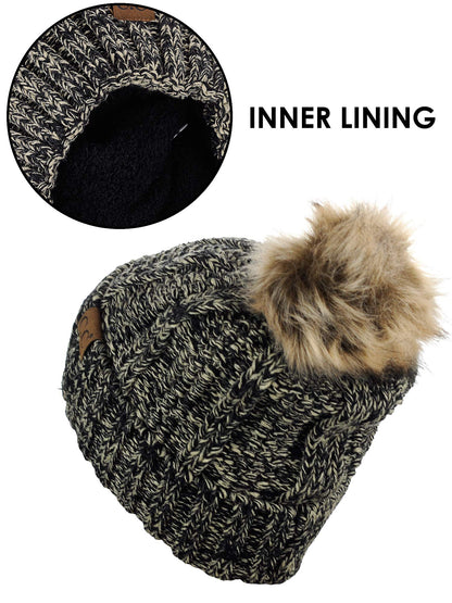 C.C cuff beanie with faux fur pom and fleece lining.