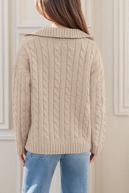 Sweater — Spring cable knit oversized polo v neck long sleeve pullover by PRETTYGARDEN