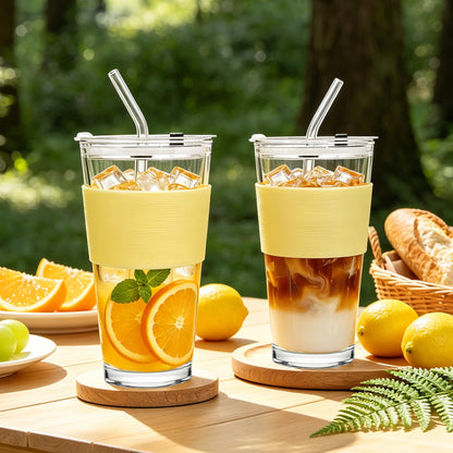 Birity drinking cup — glass with bamboo lid and straw, 24oz tumbler, 2 pack