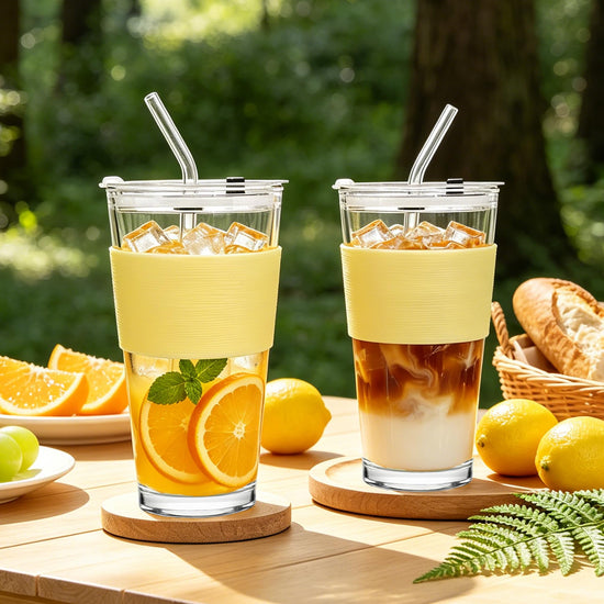 Birity drinking cup — glass with bamboo lid and straw, 24oz tumbler, 2 pack