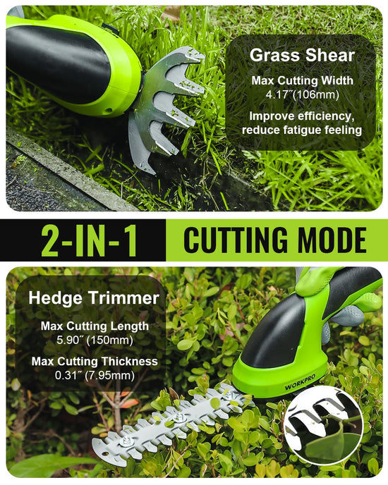 WORKPRO reciprocating hedge trimmer — Cordless design with rechargeable battery included