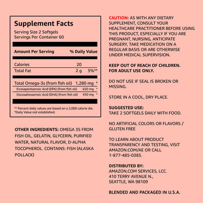 Nutritional supplement — Amazon Elements super omega-3 fish oil with natural lemon flavor 1280 mg per serving 120 softgels