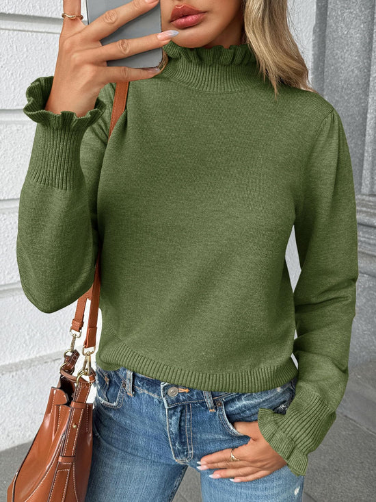 Sweater — Womens ruffle mock neck pullover with puff sleeves