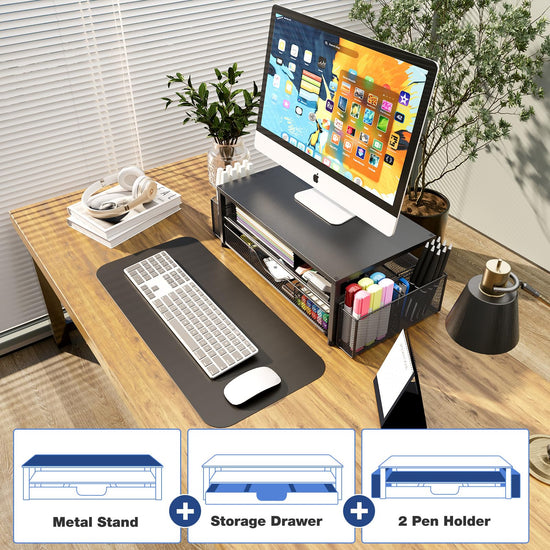 OPNICE desk organizer - 2-tier monitor stand with drawer and pen holders