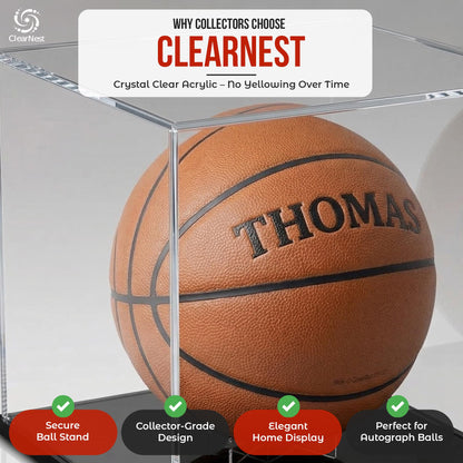 ClearNest Basketball Display Case Full Size – Clear Acrylic Basketball Display Box with UV Protection & Black Base for Autographed Basketball Memorabilia Collectibles
