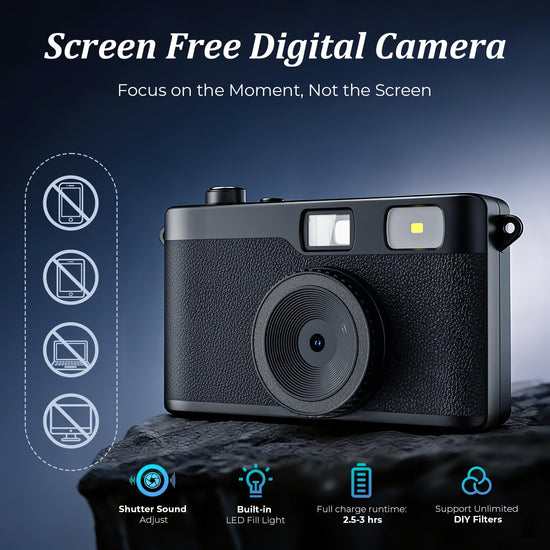Screen Free Digital Camera, Reusable 12MP Vintage Digital Camera with Unlimited DIY Filters, OTG Support and Flash Light for Summer Camp with 8GB Micro SD Card, OTG Adapter and Type-C Cable（Black）