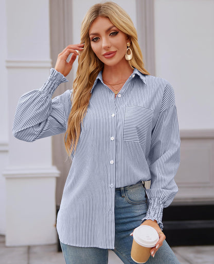 Gleeivy women's oversized button down shirt - striped smocked cuff long sleeve