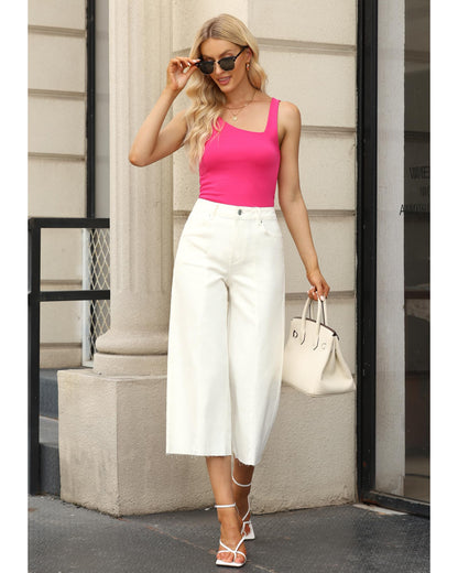 GRAPENT wide leg denim capri pants with raw hem and high waist