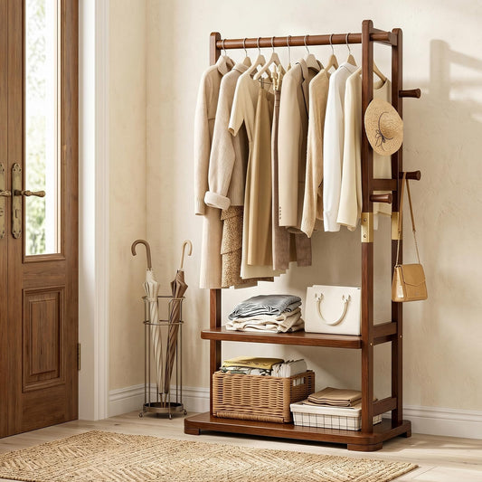 Taitiy coat rack - Solid wood with shelves and hooks for clothes and accessories