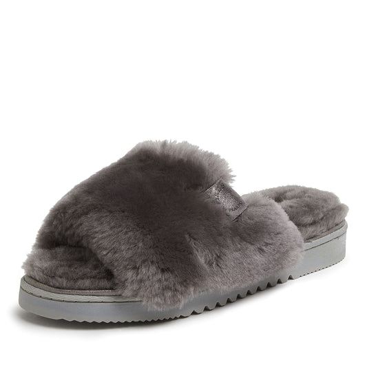Dearfoams shearling slide slipper — easy on/off design