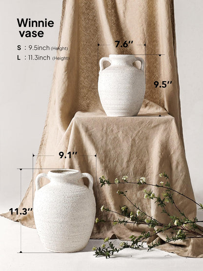 White Ceramic Vase with Handles, 9.5Inch, Farmhouse Rustic, Gritstone White